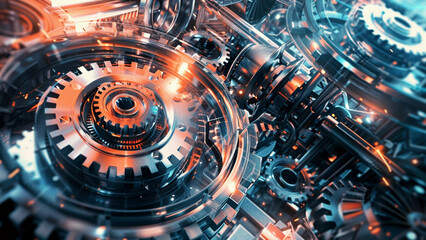 Fototapeta premium Abstract Industrial Factory with Dense Network of Metal Gears and Intricate Mechanical Parts