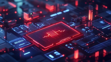 Obraz premium Red and Blue Digital Circuit Board with Heartbeat Signal