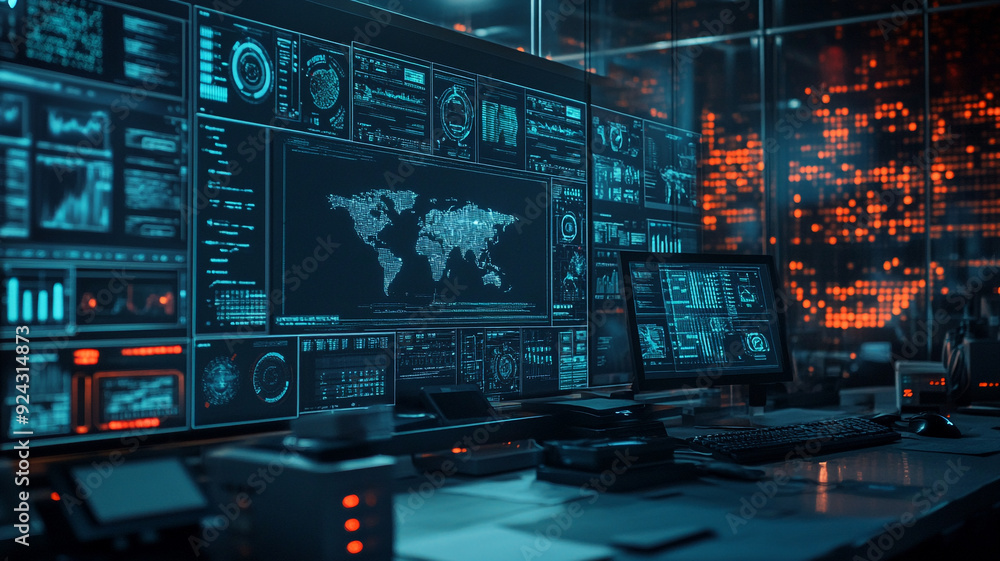 Poster cybersecurity operations center featuring icons of threat detection tools and real-time monitoring s