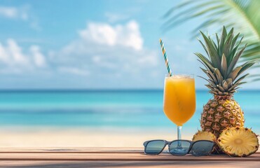 Obraz premium Tropical summer background with pineapples, sunglasses