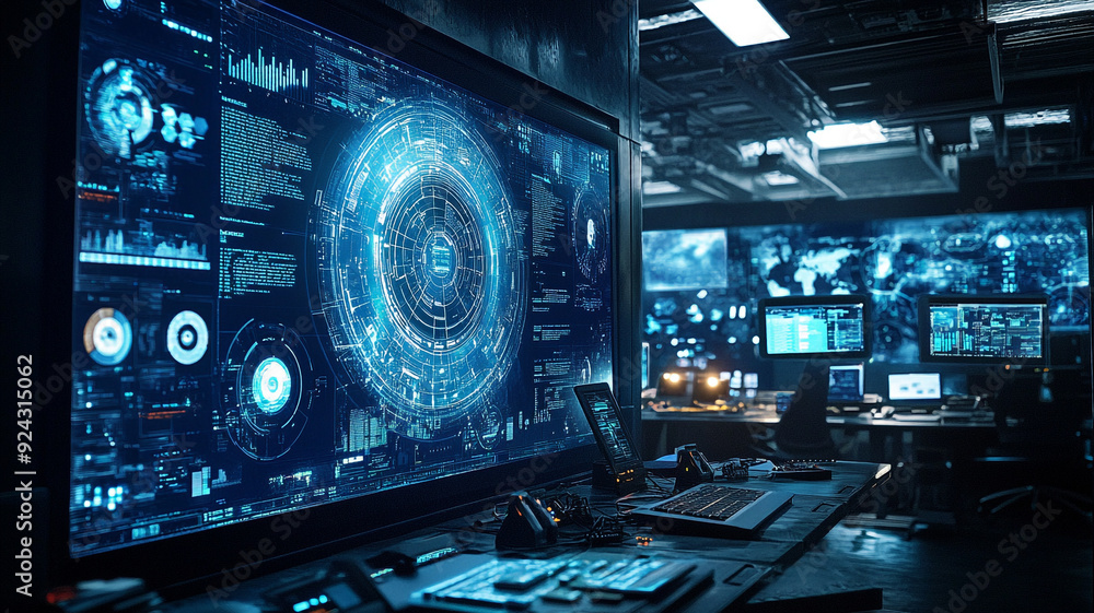 Poster real-time cyber threat detection and monitoring with icons of advanced security tools in a cybersecu
