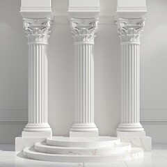 Three white marble columns with a marble podium in front.