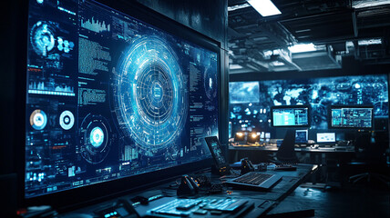 Obraz premium Real-Time Cyber Threat Detection and Monitoring with Icons of Advanced Security Tools in a Cybersecurity Operations Center