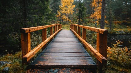 Obraz premium Horizontal Wide Wooden Footbridge, Featuring a Broad and Sturdy Design Over a Scenic Path