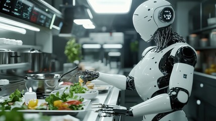 Fototapeta premium Robot Chef Preparing Food in Modern Kitchen