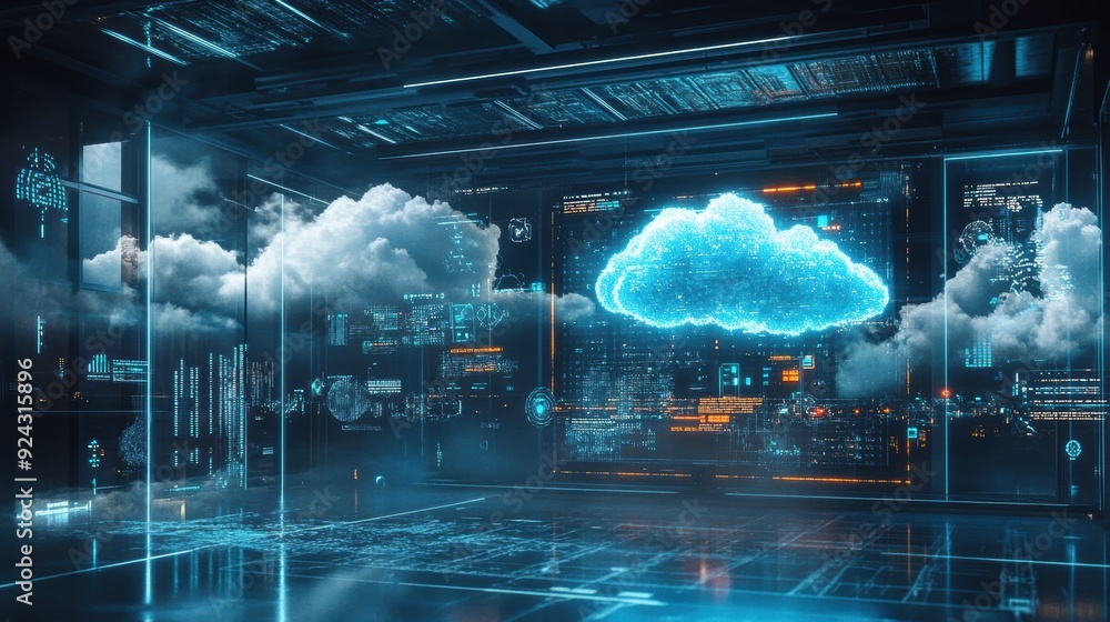 Poster futuristic cloud computing data center