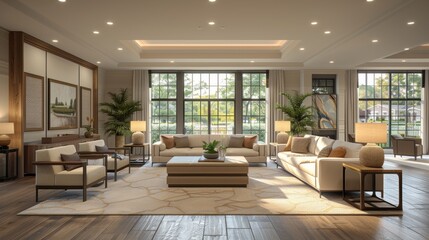 Fototapeta premium A warm and welcoming living room with elderly people engaging in activities, caregivers assisting with daily tasks, and a calm, comforting atmosphere