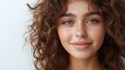 Naklejka premium Young woman with curly hair smiling softly against a plain background in natural light.