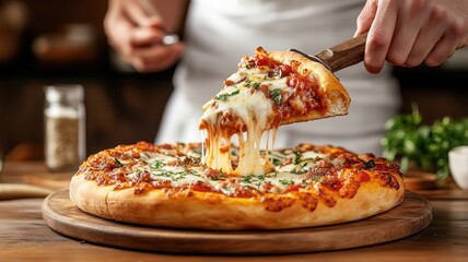 Detailed shot of a deep-dish pizza being sliced, revealing melted cheese and thick tomato sauce in...