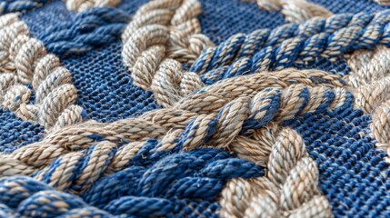 A coastalinspired rug with a natural tan and blue color palette featuring a nautical rope pattern for a subtle yet eyecatching texture.