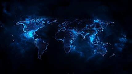 world map elegantly displayed against a sleek black background, highlighting the continents in...