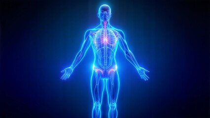 Neon 3D image of full-length hologram of a human body on a blue background highlighting the brain and heart
