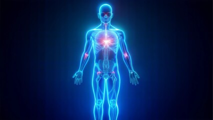Neon 3D image of full-length hologram of a human body on a blue background highlighting the brain and heart
