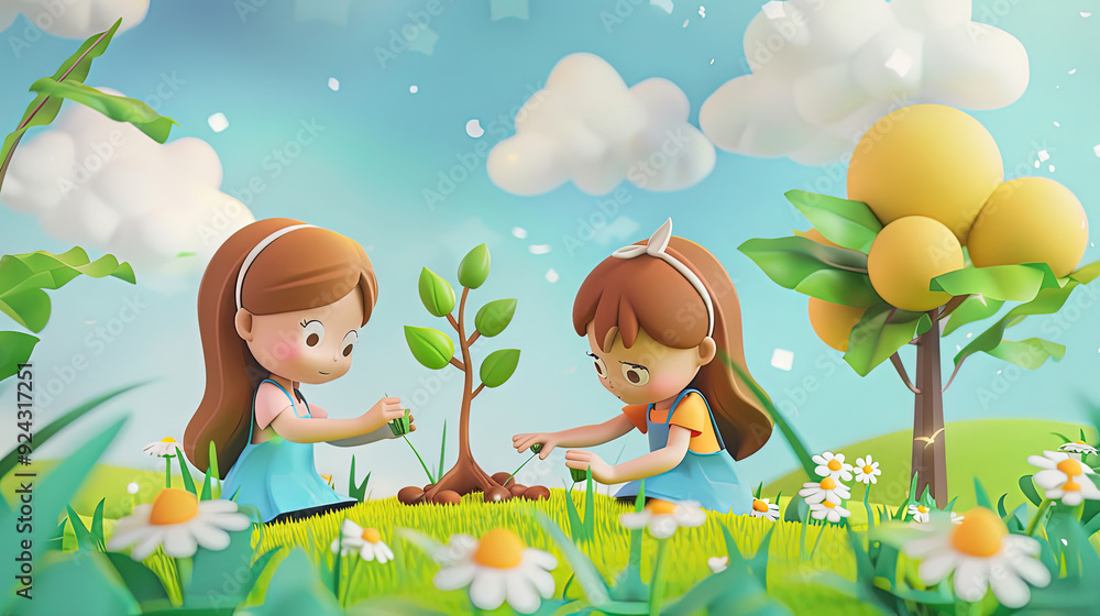 Wall mural Illustration of two girl is planting the tree on green grass with blue sky. Cover book for kid.