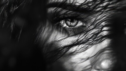 Obraz premium Close-up of a Woman's Eye with Windblown Hair in Black and White