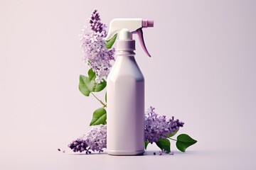 Blank plastic spray detergent bottle with flowers on purple background. Spraying floral air freshener. Spring cleaning concept. Packaging template, mockup for design