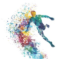 watercolor illustration of a woman swimming and diving, with splashes of bright colors creating a dynamic and lively scene on a white background.