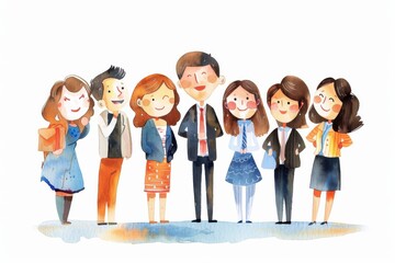 Obraz premium Lively business meeting with Cartoon animated discussions among colleagues, watercolor style lends a creative and artistic feel, enhancing sense of innovation and collaboration within team.