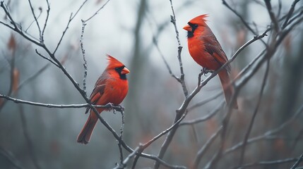 Two Cardinals Perched on Bare Branches