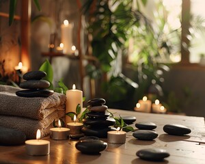 Spa setting with candles, stones, and a massage table, therapist preparing for a session, calming and inviting environment