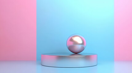 Obraz premium Metallic Sphere on Platform Against Pastel Blue and Pink Background