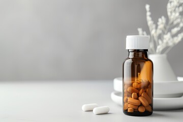 Medical bottle with pills. Minimalist setting with a brown glass bottle and white tablets on a grey background. Healthcare and medication concept.