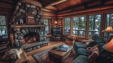 Naklejka premium Cozy Log Cabin with Fireplace and Winter View