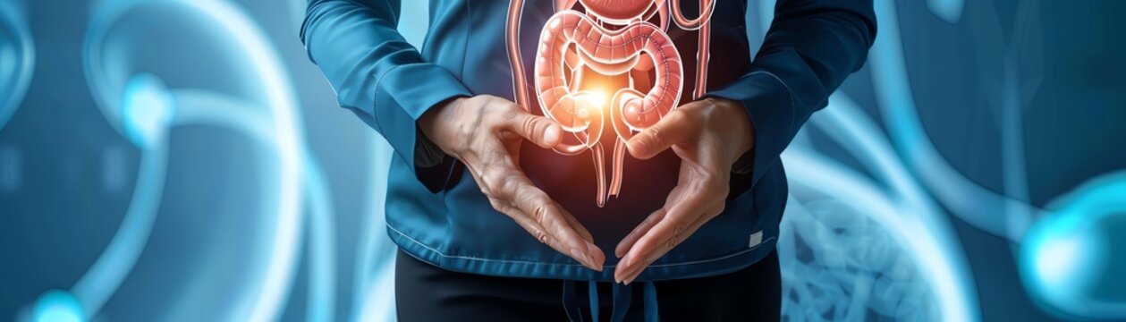 Person holding hands around a glowing illustration of the human digestive system, depicting gastrointestinal health and anatomy.