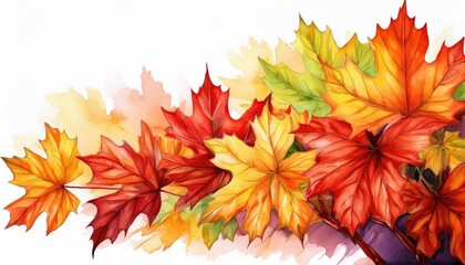 Vibrant watercolor leaves in shades of orange, red, and yellow, capturing the essence of autumn's beauty and transition.