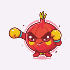 cute red onion character mascot playing boxing sport isolated cartoon in flat design