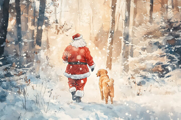 Santa Claus taking a peaceful walk with a dog through a snowy forest, capturing the calm and serene atmosphere of a winter wonderland.