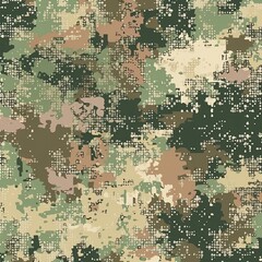 Naklejka premium Detailed seamless pattern of digital camouflage, pixelated design in green, brown, and beige, modern military style