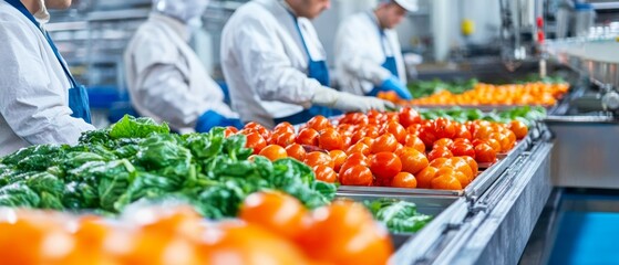 Streamlined Food Production Line Supervised by Construction Workers in Bright Industrial Setting