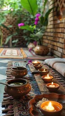 Fototapeta premium Ayurvedic massage with herbal oils, traditional Indian decor, rich cultural details and vibrant colors