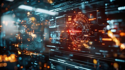 A 3D render illustrating a cyber attack scenario with a futuristic control room interface. The display shows various cyber threats represented by flashing red alerts, breached security systems, and