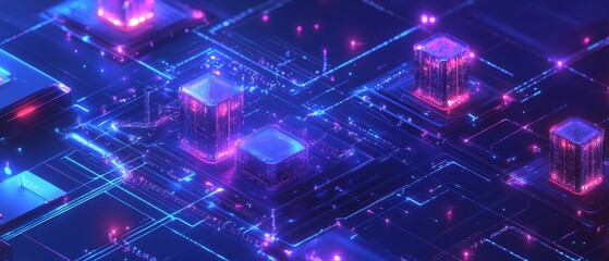 Quantum Computing Visualization: Glowing Crystalline Structures in Isometric Digital Landscape