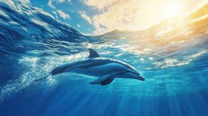 Obraz premium Dolphin Swimming Towards the Sun Underwater