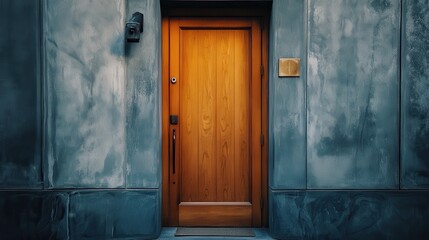 Wooden Door on a Blue Wall