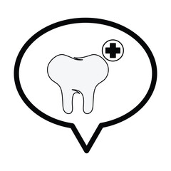 Speech bubble and dental care icon in grey scale isolated on white background.