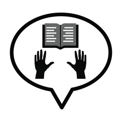 Speech bubbles, book and hands icon in grey scale isolated on white background.