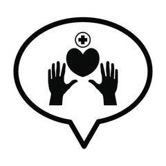 Speech bubbles, hands, heart and medical cross icon in grey scale isolated on white background.