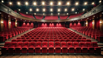 Empty theater with rows of red velvet seats and a dark stage , abandoned, auditorium, cinema, dark, dramatic, empty