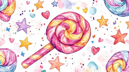 A vibrant watercolor illustration of colorful lollipops, stars, and hearts, perfect for candy-themed designs and backgrounds.