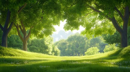 Serene sunlit pathway through a lush green forest in early morning.