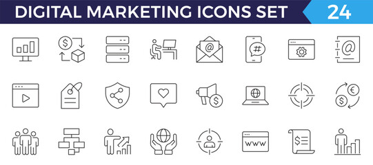 Digital marketing icons set. Content, search, marketing, ecommerce, seo, electronic devices, internet, analysis, social outline icon set.