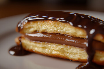 Rich chocolate eclair with velvety filling oozing from the center, set on an elegant plate. Decadent and indulgent.