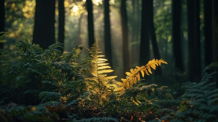 Fototapeta premium ferns and underbrush in a dimly lit woodland 