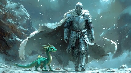 Fototapeta premium Armored Knight Escorts Emerald Green Dragon Companion in Cinematic Fantasy