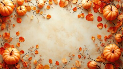 Obraz premium Pumpkins and Autumn Leaves on Beige Background, Top View