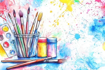 Vibrant watercolor scene featuring paintbrushes, a palette, and colorful paints against a splattered backdrop.